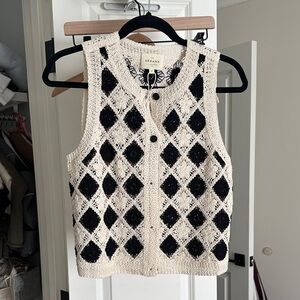 Sezane Ivory Crochet Diamond Vest with Black Accents